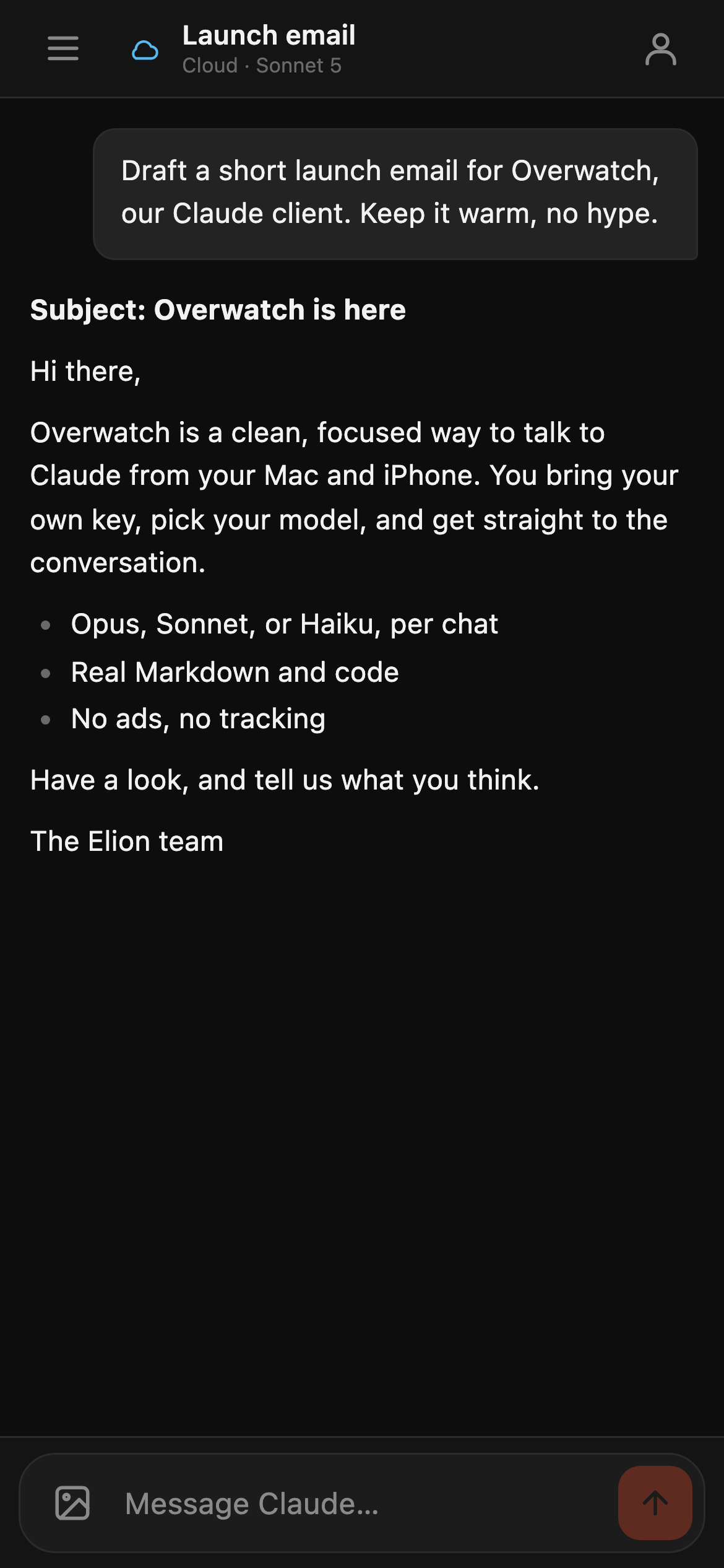 Overwatch running on mobile: a Claude reply rendered as clean Markdown with a heading and bullet list