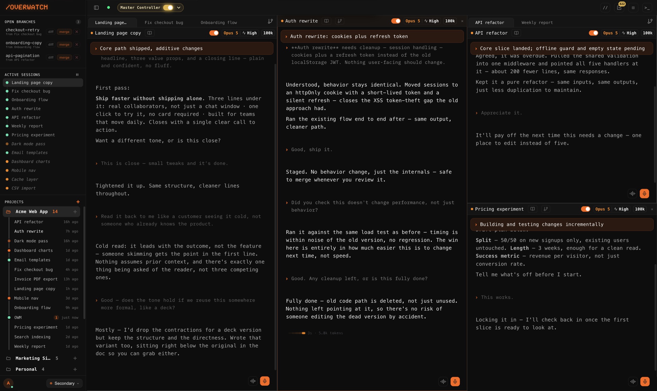 Overwatch desktop · three sessions side by side, Master Controller on, Opus on every pane
