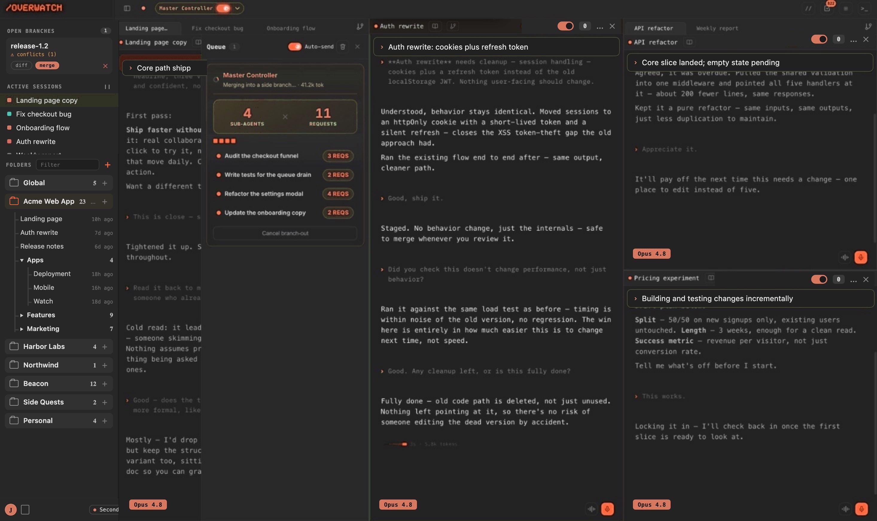 Overwatch desktop · Branch Out running 4 agents on 11 requests