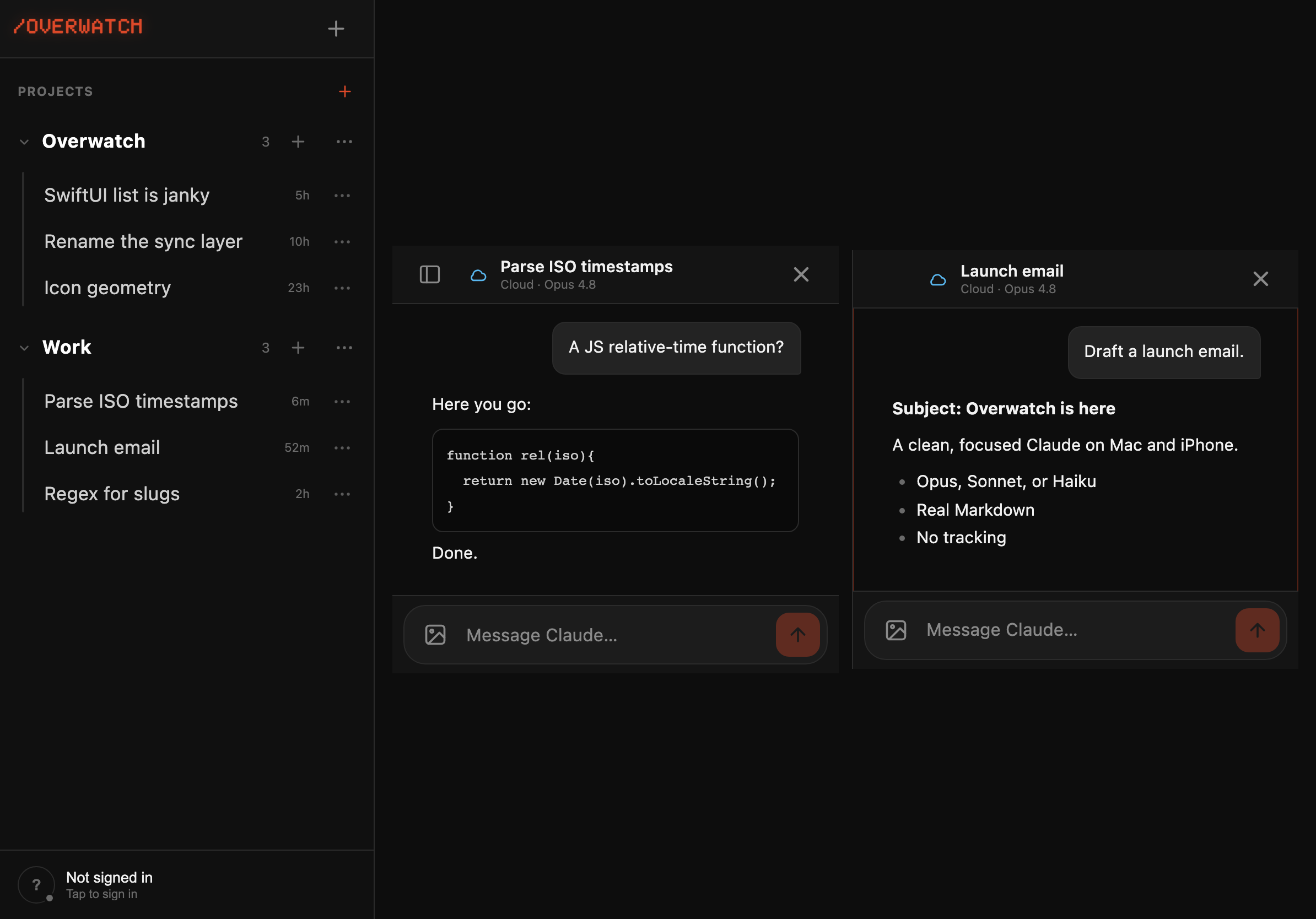 Overwatch running on a tablet in its two-column layout: a projects sidebar beside an open chat showing syntax-highlighted code