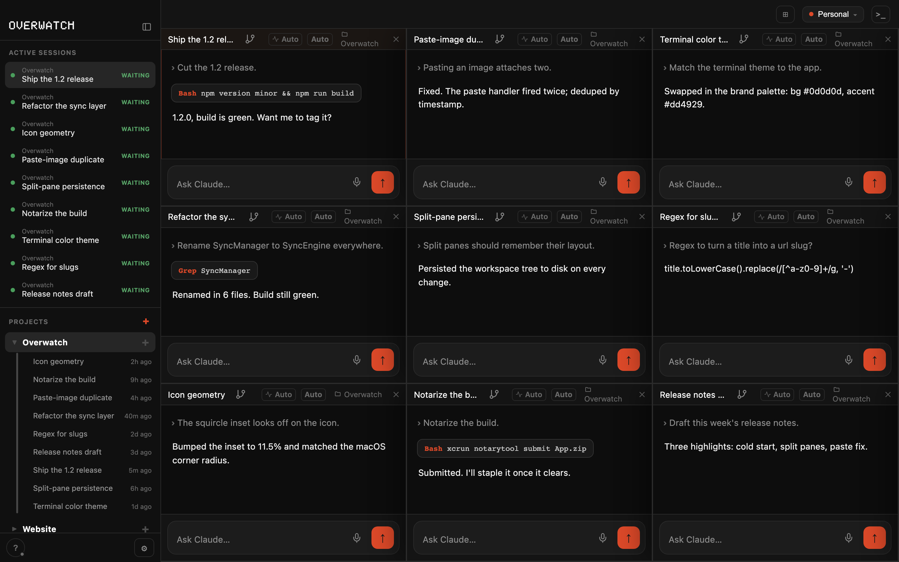 Overwatch running on desktop: sidebar of projects and sessions, an open chat with a Bash tool call and release notes